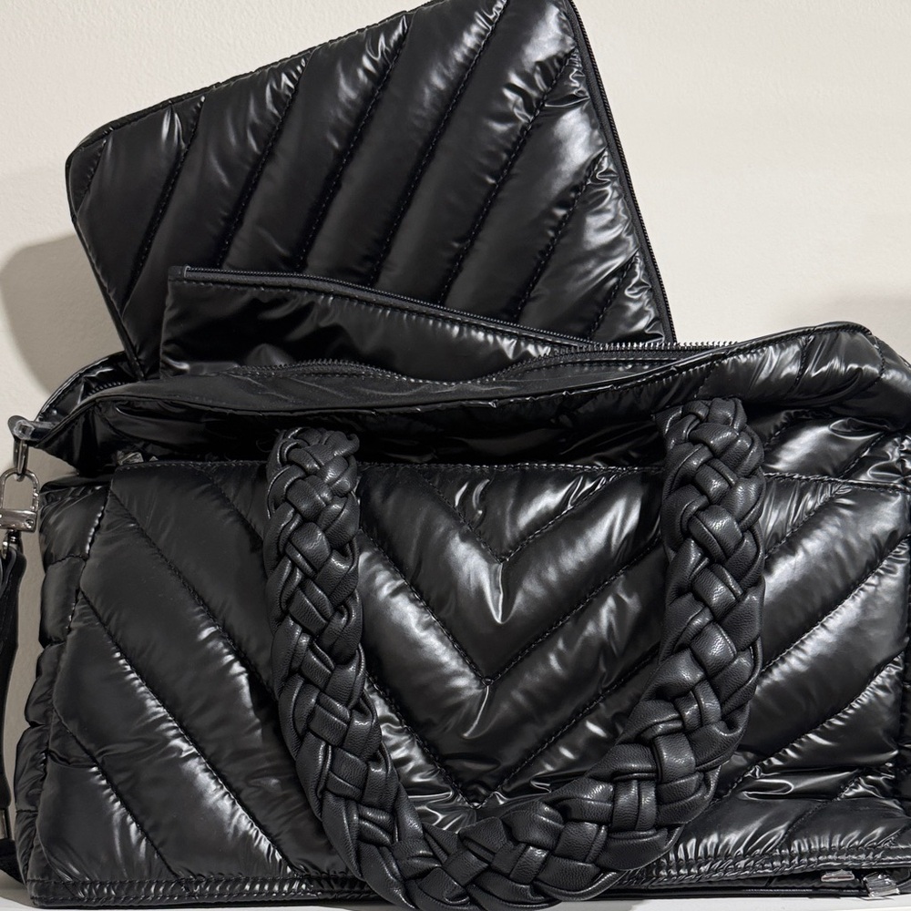 THINK ROYLN Black Quilted Puffer Tote with Braided Handles
